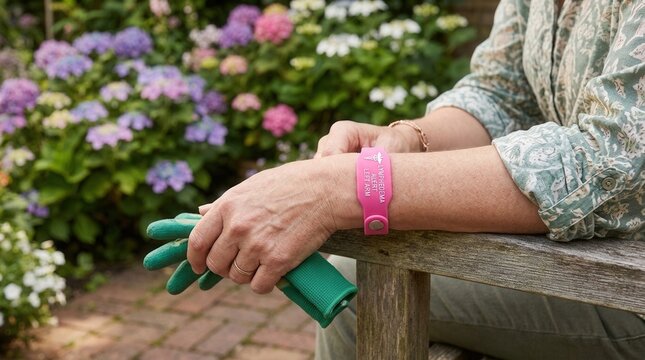 Woman Wearing Medical Alert Bracelet Resting In Garden