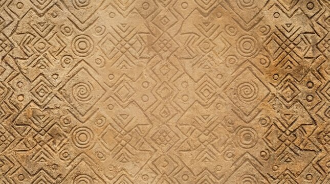 A weathered stone tablet displays a complex geometric pattern of carved lines and shapes. The surface is textured and appears aged, with variations in color suggesting erosion and time.