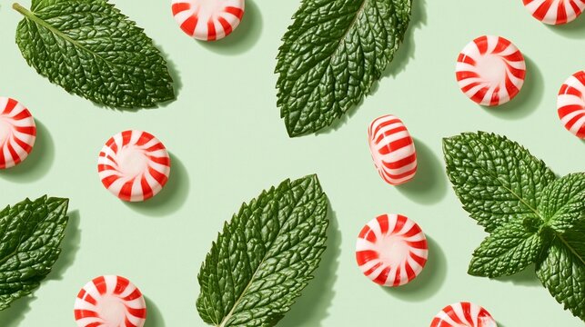 Overhead flat lay pattern of red and white striped peppermint candies and fresh green mint leaves on a light green background