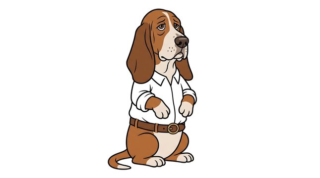 Anthropomorphic basset hound dog in white shirt, sad cartoon bloodhound character, depressed office worker pet illustration
