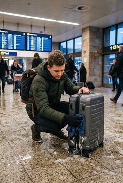 A person kneels on the floor of an airport. They are wiping off water from a suitcase. There are people moving around in the background. Snow or rain seems to have wet the floors