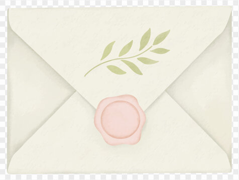 Elegant sealed cream envelope with botanical detail watercolor illustration Vector.
