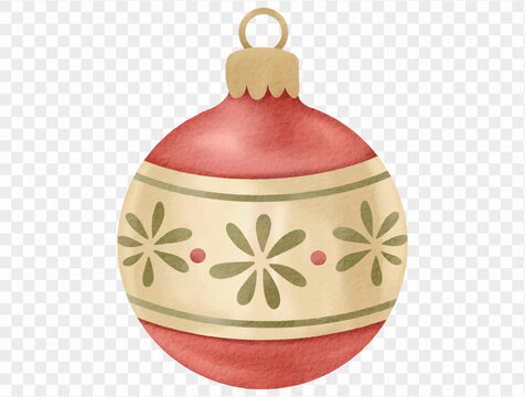 Red vintage Christmas ornament with floral pattern watercolor illustration Vector.