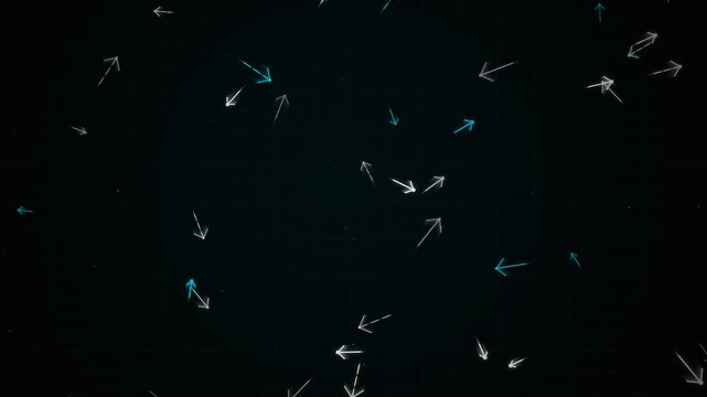 Glowing blue and white arrows floating on a dark digital grid, perfect for tech presentations, data visualization and network graphics