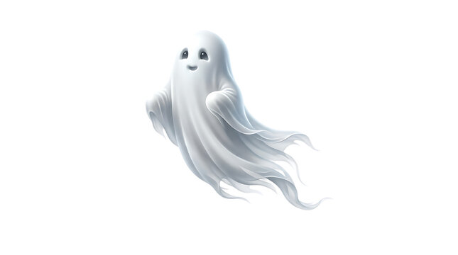 A cute friendly white ghost character with a happy expression floating in the air presented as an isolated on transparent background