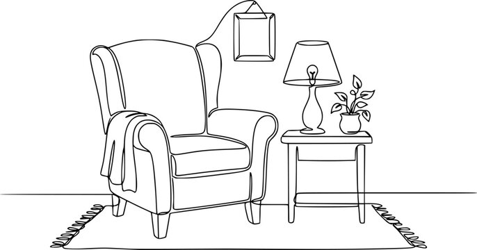 Continuous single line drawing of a comfortable armchair and a small bedside table with a lamp and a plant in a cozy living room interior design conce