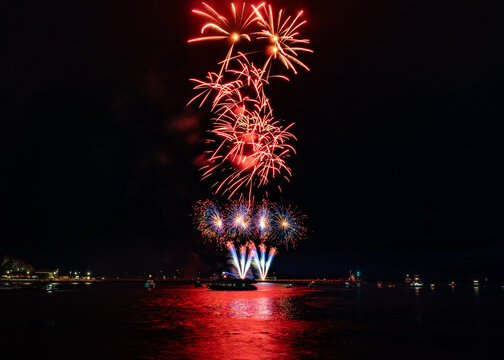 Fireworks From Nemisis Pyrotechnics Over The Water At The Barbican As Part Of The 2026 British Firework Championships Viewed From Queen Anne's Battery, Plymouth