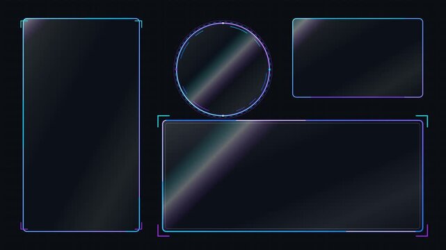 Set of glowing digital frames and hud ui elements with neon blue and purple light borders