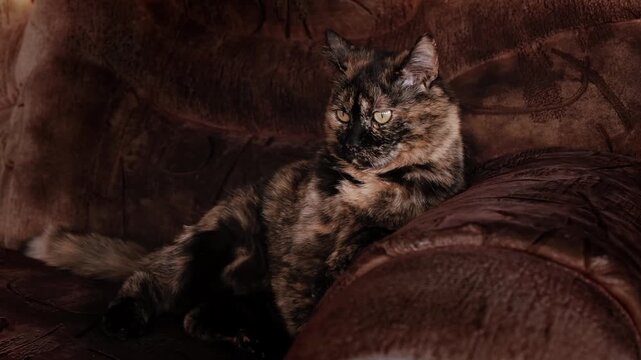 A tortoiseshell cat sits on a brown textured sofa in a home interior. Camouflage to background. Domestic pet is closely observing what is happening. Attentive gaze. Animal relaxation, cozy atmosphere.
