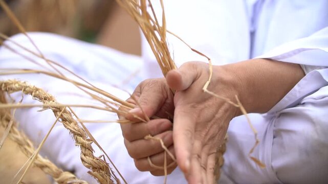 새끼 꼬기 짚풀 공예 한국전통 짚신 뼁끼  straw 꼬기 전통문화 손재주 디테일 클로즈업 전통 공예 수공예 한복 장인 손길 정성 농촌 세시풍속 노하우 민속 마을 체험 전통 방식 지푸라기 기술