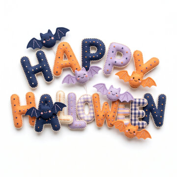 Cute Plush Felt Happy Halloween Lettering with Pastel Haunted House and Ghosts 17