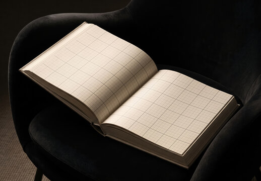 Big Square Book on Lounge Chair Premium Elegant Open Pages Mockup