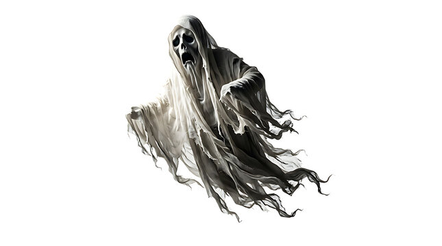 A terrifying screaming ghost figure with tattered robes floating in a dark atmosphere presented as an isolated on transparent background