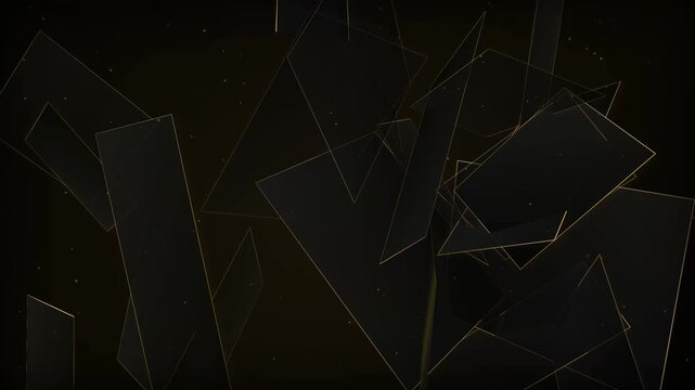Abstract geometric dark glass shards with glowing gold edges floating, ideal for luxury backgrounds, tech presentations and elegant titles