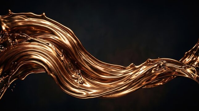 A cascade of molten chocolate flows dramatically against a dark background. The liquid chocolate exhibits a rich, metallic bronze hue, creating a sense of movement and fluidity.