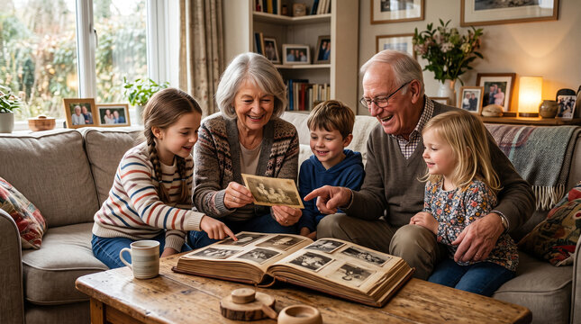 Grandparents and grandchildren enjoying photo album together at home  