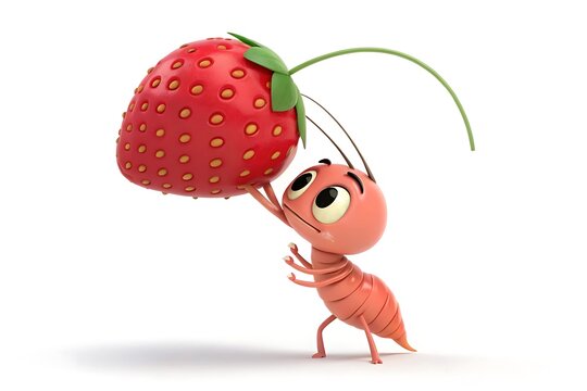 Cartoon ant carrying a giant strawberry