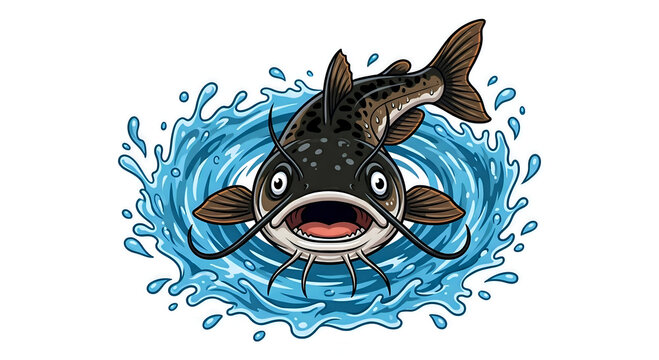 Cartoon Catfish Jumping Out of Water Splash Vector Illustration