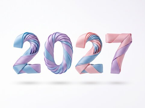 2027 New Year Typography Formed with Calligraphic Pastel Pink and Blue Satin Ribbon Isolated on White Background 2