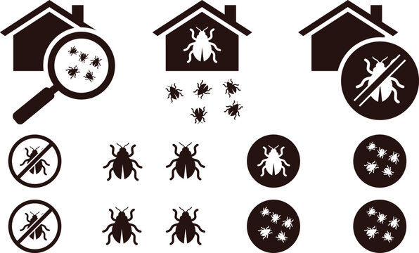 Pest Control and Extermination Icon Set Featuring Black Vector Houses, Magnifying Glass Inspection, Bed Bugs, and Prohibition Symbols for Home Safety Designs