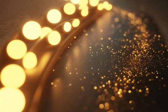 Curved string of glowing yellow lights with golden glitter bokeh background light curve sparkle background light path holiday lights gold sparkle decorative lig
