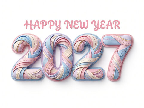 Happy New Year 2027 Typography Concept with Soft Pastel Felt Plush Letters and Numbers Isolated on White Background 5