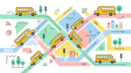 Naklejka premium Abstract Geometric City Map with Yellow School Buses and Traffic Symbols
