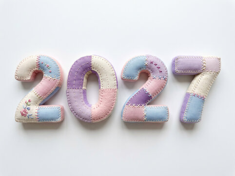 2027 New Year Celebration Concept with Plush Pastel Felt Numbers Confetti and Ribbons Flatlay 3
