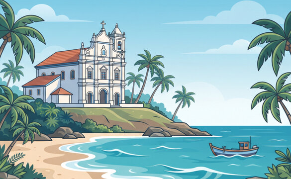 Colonial Church on Tropical Beach Shoreline with Palm Trees Landscape Vector Illustration