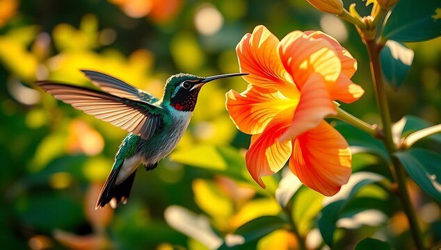 Hummingbird hovering and drinking nectar from a orange flower in a garden