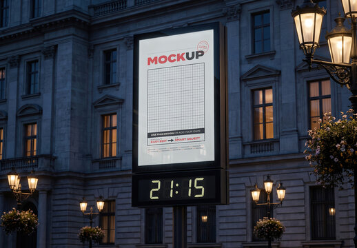 Digital Advertising Screen in City Plaza with Clock Mockup