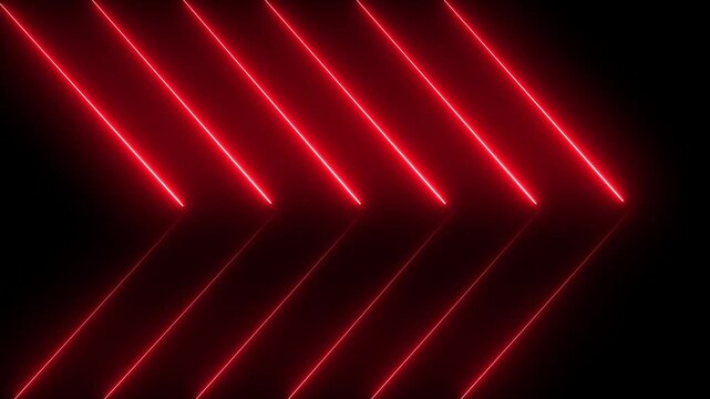 Glowing rade neon double chevron arrow symbols moving forward on black direction