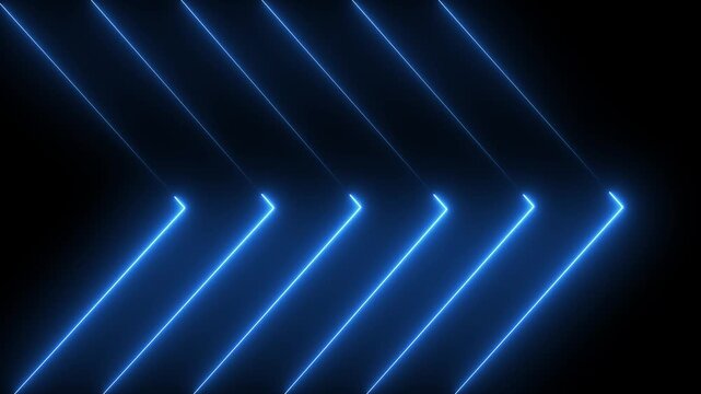 Glowing blue neon double chevron arrow symbols moving forward on black direction
