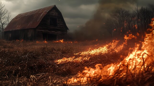 Wildfire spreading across dry field toward house high resolution picture