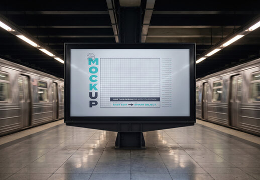 Digital Billboard in Subway Station with Trains Mockup
