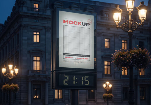 Digital Clock with Sign Street Advertising Display Mockup