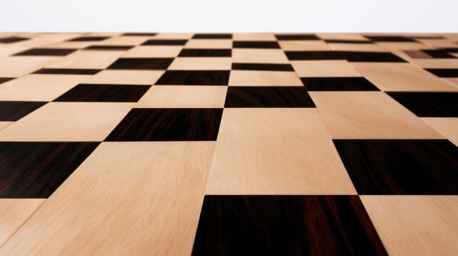 Close-up Perspective View of an Empty Wooden Chessboard Background