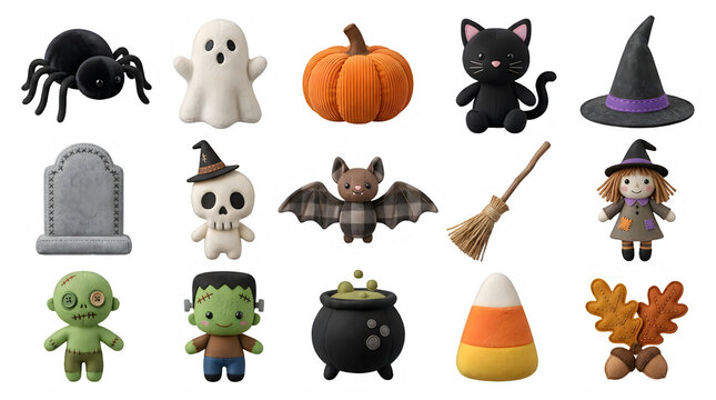  Felt Halloween character collection, 15 soft plush holiday icons, cute handcrafted spooky toys for seasonal decor and crafts isolated PNG with Transparent Background Halloween