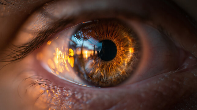 Macro Close Up of Human Eye with Sunset Reflection