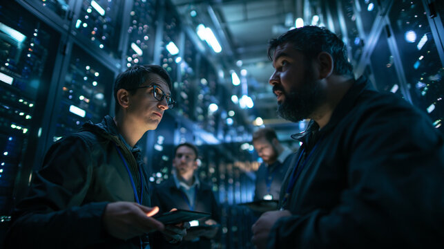 IT Engineers Discussing System Maintenance in Server Room