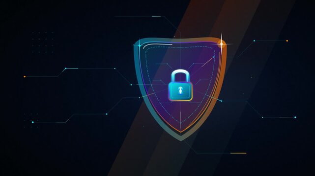 Digital shield icon with a padlock representing cyber security and data protection on dark background