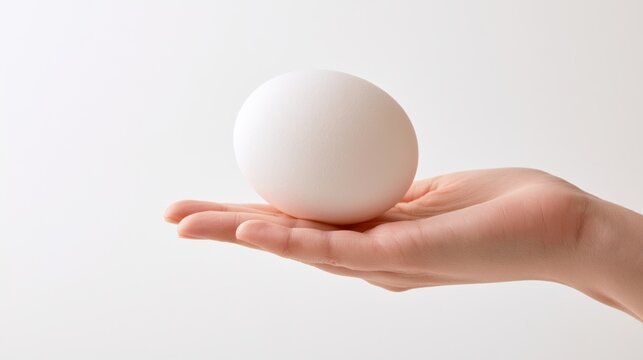 A single white chicken egg resting on an open palm of a person's hand against a clean white background