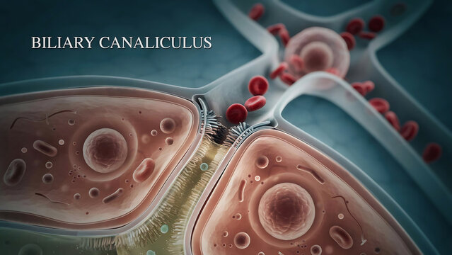 Medical illustration showing the biliary canaliculus between liver cells