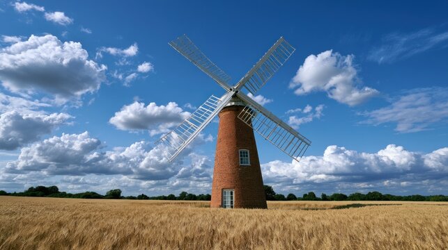 Historic brick windmill standing in a golden harvest wheat field under a beautiful blue sky with fluffy white clouds
