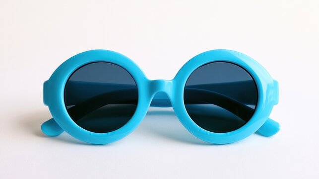Vibrant blue round sunglasses isolated on a white background