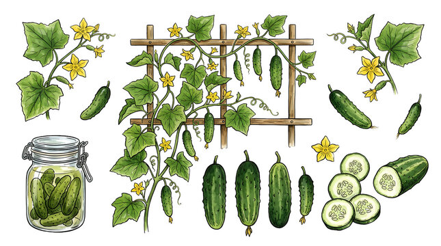 Cucumber plant and harvest for the concept of healthy food and gardening.