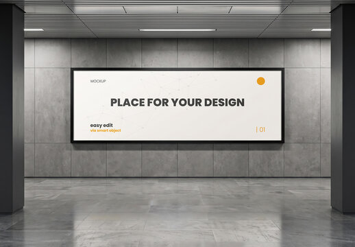 Horizontal Advertising Sign in Metro Hall Mockup