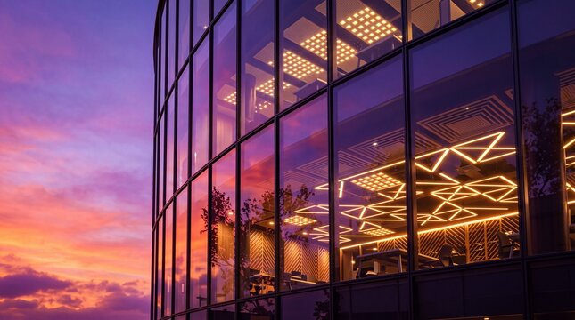 Modern Glass Office Building Exterior at Sunset