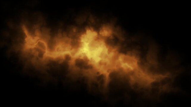 Golden nebula space cloud motion graphics video depicting glowing yellow interstellar gas and cosmic dust particles drifting with seamless loop animation. 4K animation.
