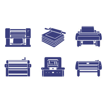 Set of six blue line icons representing various industrial printing machines and equipment for production on a white background